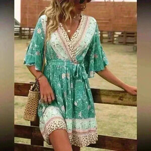 Floral print flounce sleeve belted dress